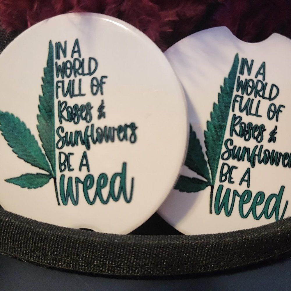 Handmade Cannabis Sandstone Car Coaster Set (2) | "Be a Weed" Funny Car Accessor